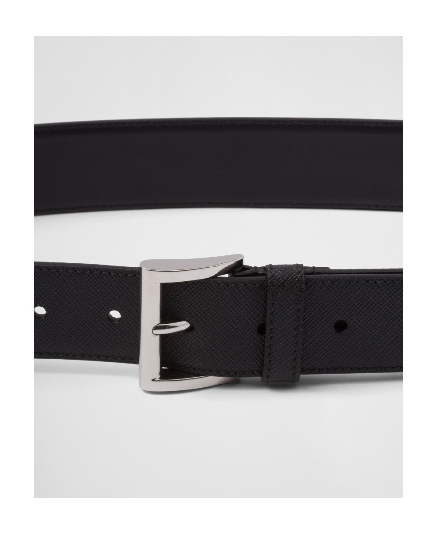 Prada Men Cintura In Pelle Saffiano Con Triangolo Logo In Black