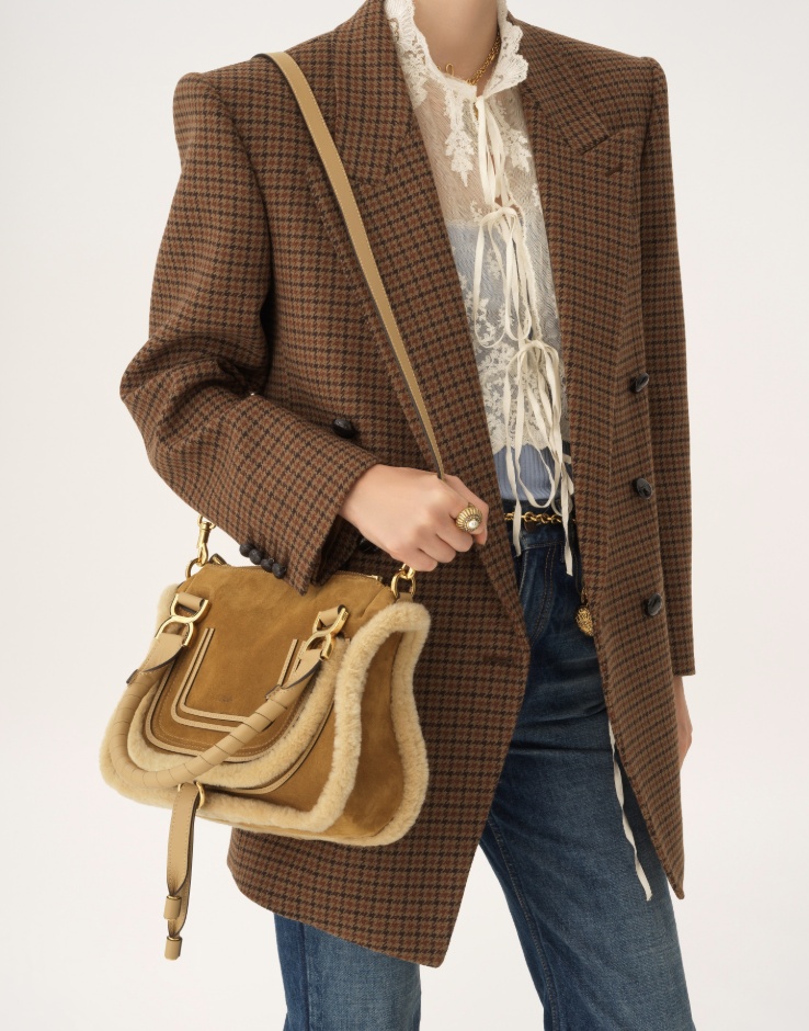 Chloé Marcie Small Leather And Shearling-trimmed Suede Shoulder Bag In Brown