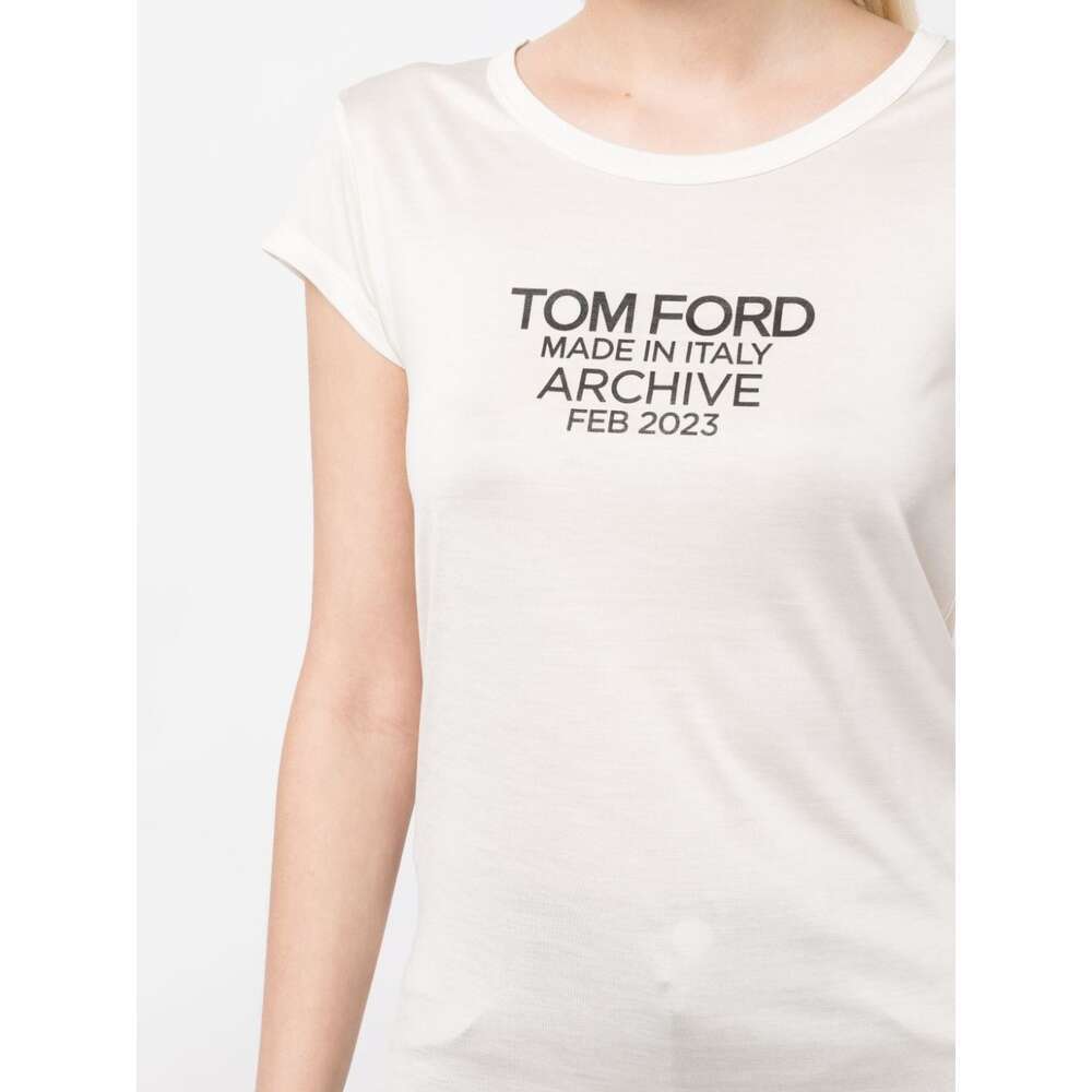 Tom Ford Silk T-shirt With Cap Sleeves And Printed Design In Beige