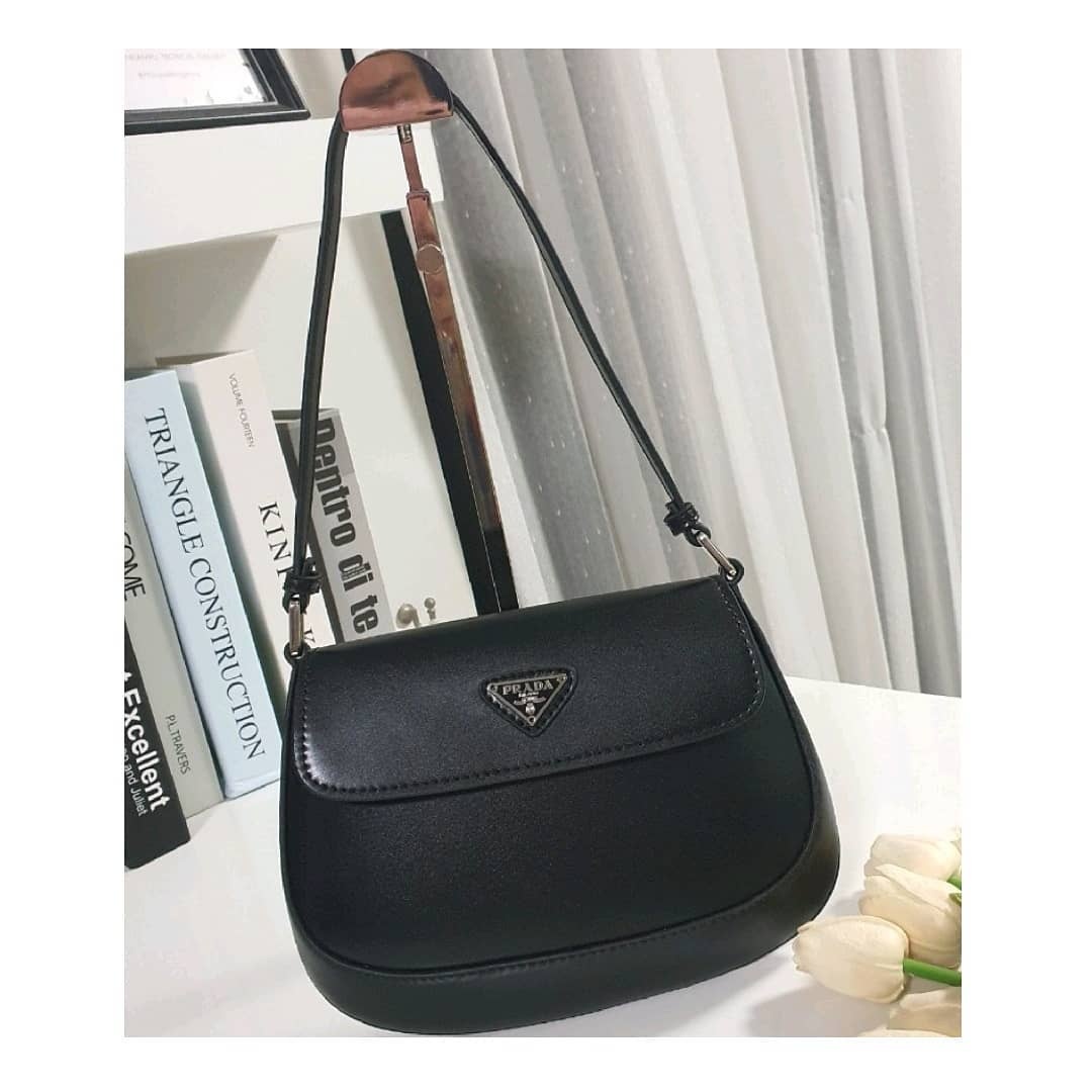 Prada Cleo Brushed Leather Shoulder Bag With Flap In Black