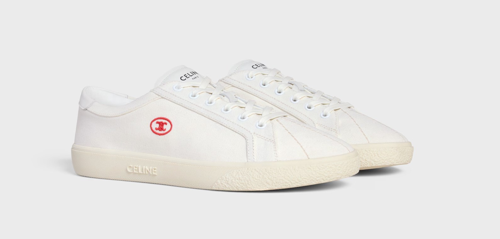 Celine Lou Low Lace-up Sneaker With Embroidered Triomphe In Canvas And Calfskin In White