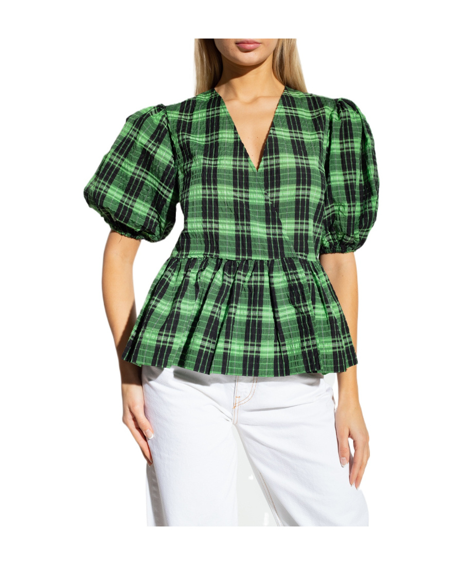 Ganni Plaid Seersucker Surplice Peplum Top In Green