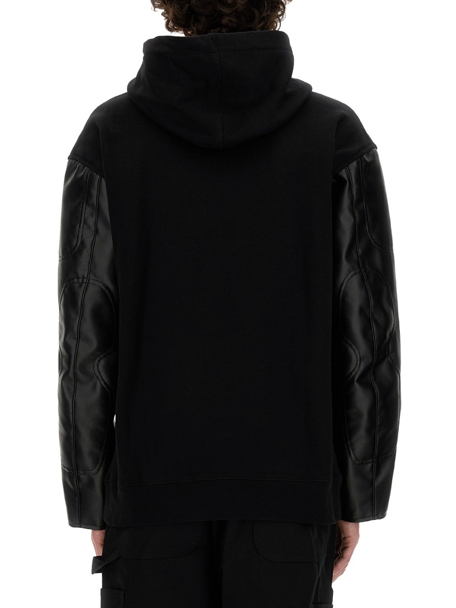 Junya Watanabe Cotton Sweatshirt With Leather Sleeve Panels In Black