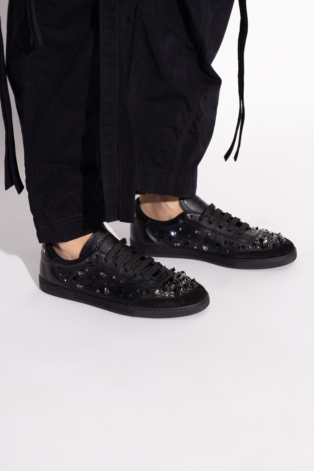 Dolce & Gabbana Saint Tropez Light Embellished Leather Sneakers In Black