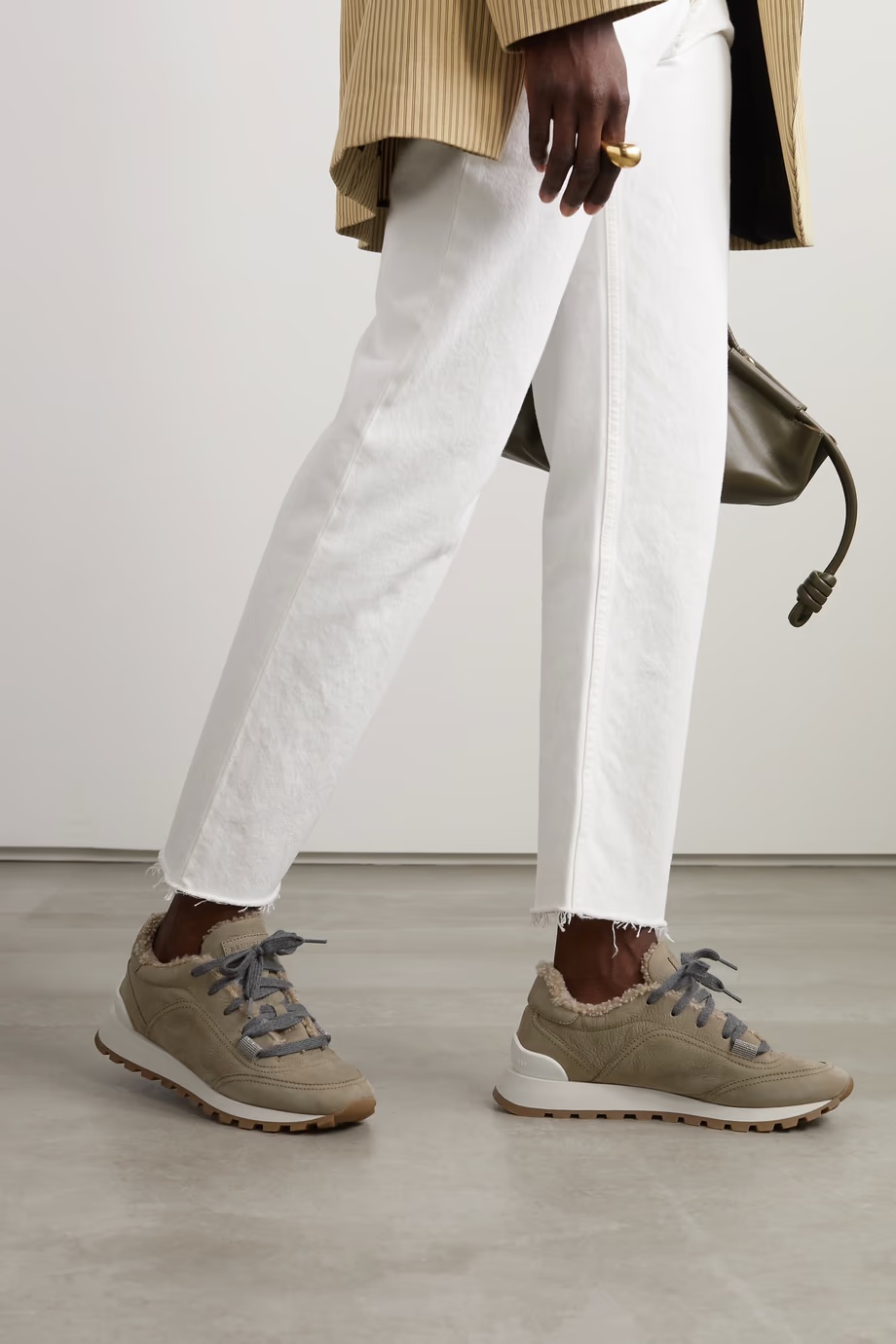 Brunello Cucinelli Shearling-lined Low-top Sneakers In Brown