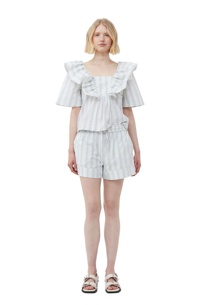 Ganni Striped Seersucker Ruffle Blouse In White