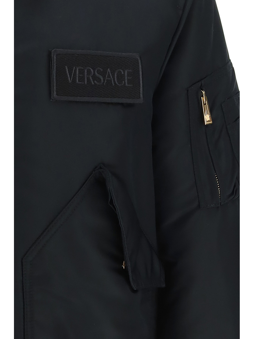 Versace Quilted Zip-up Bomber Jacket With Logo Patch In Black