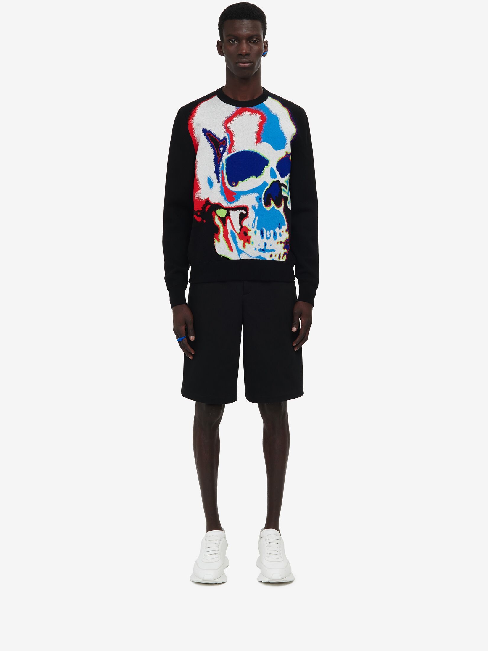 Alexander Mcqueen Black Crewneck Sweatshirt With Multicolor Jacquard Skull In Wool Blend Man In Black