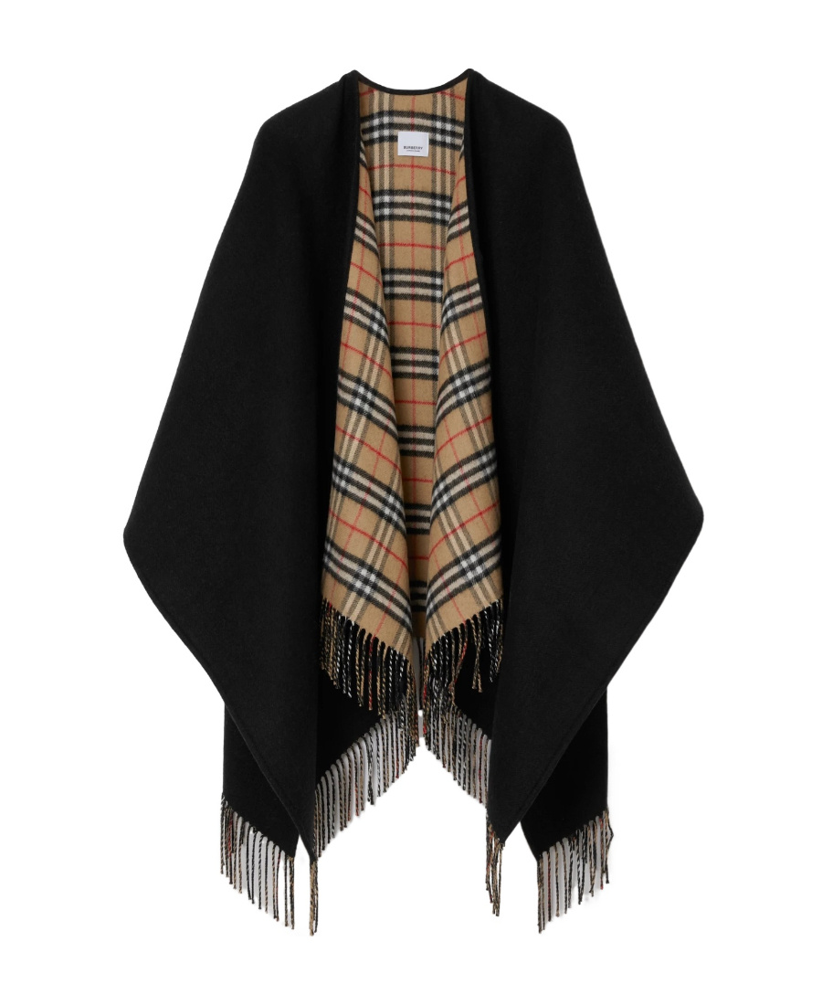 Burberry Black Wool Cape With Check Pattern In Black