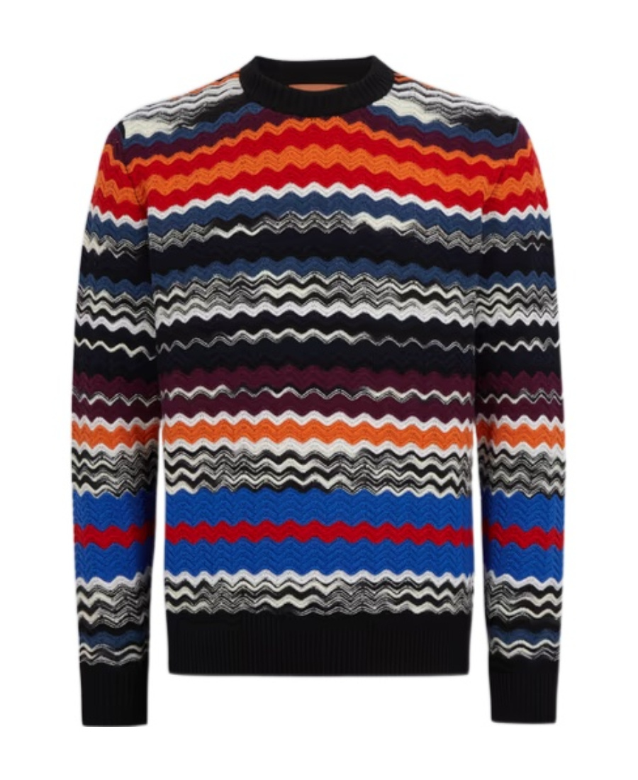 Missoni Crew-neck Sweater With Multicolor Herringbone Motif In Black