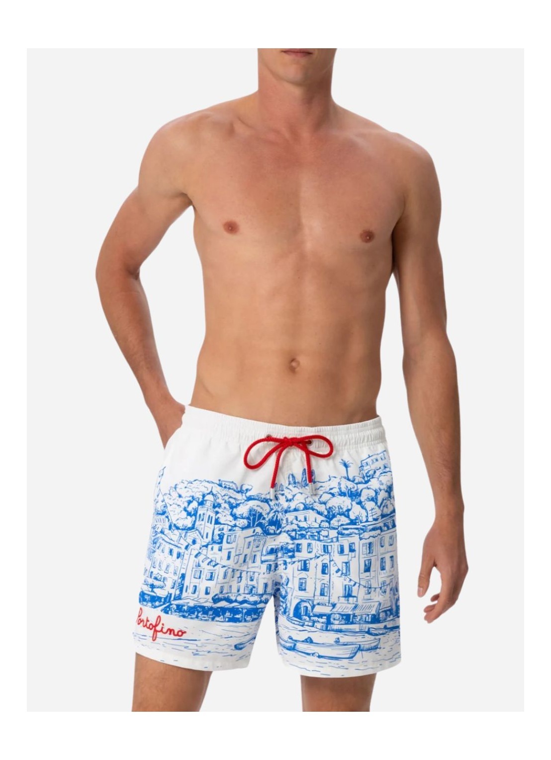 Mc2 Saint Barth Man Mid-length Gustavia Swim-shorts With Portofino Placed Print In Blue