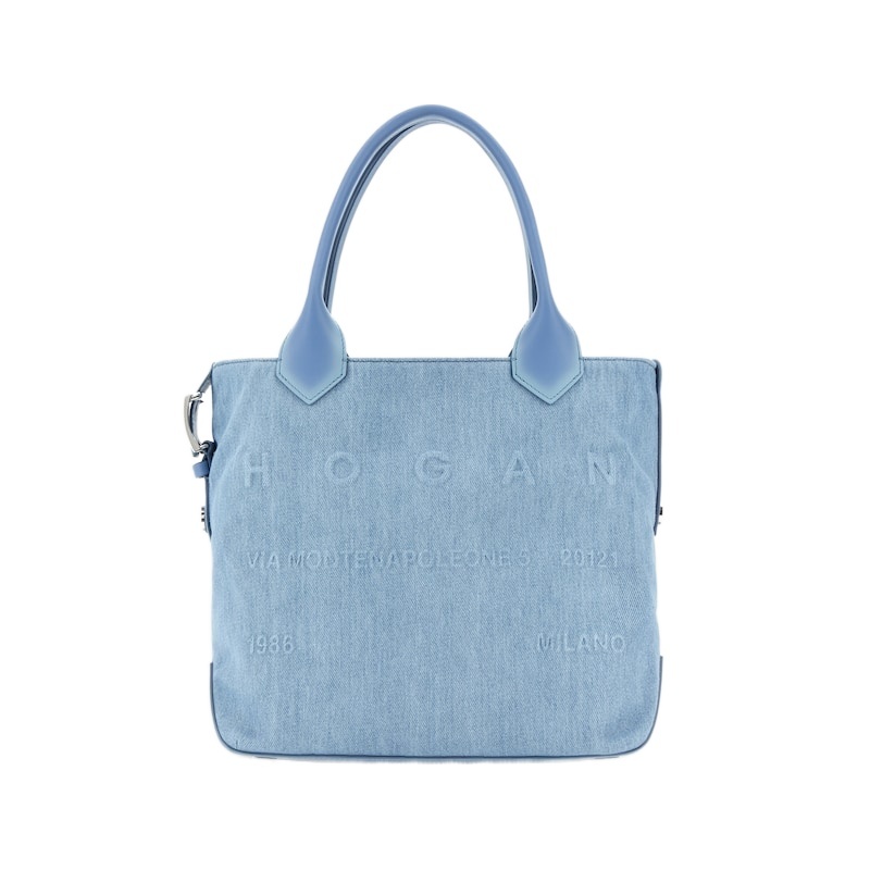 Hogan Cotton Denim Tote Bag In Blue In Light Blue
