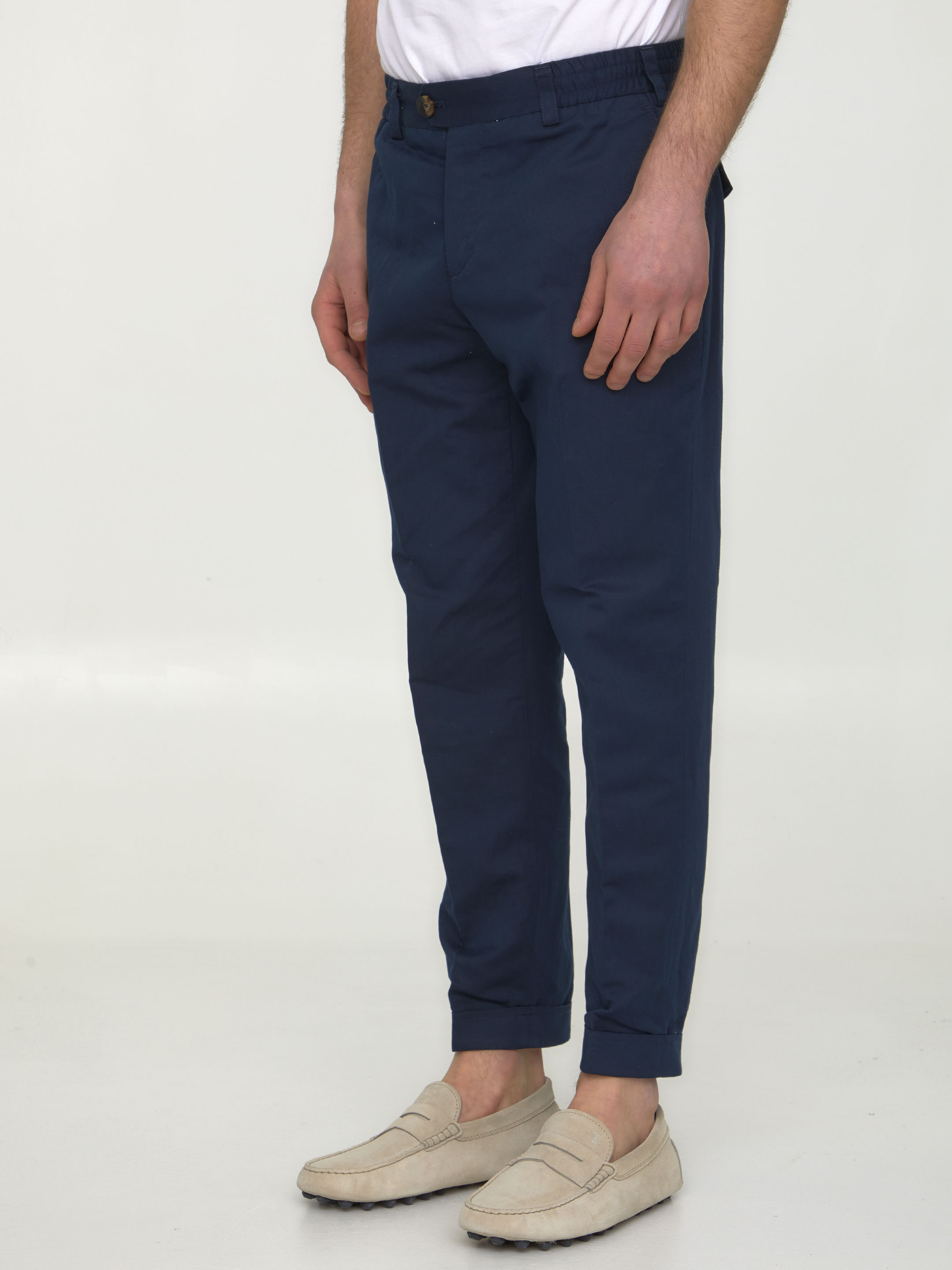 Pt Torino Cropped Cotton And Linen Trousers In Blue