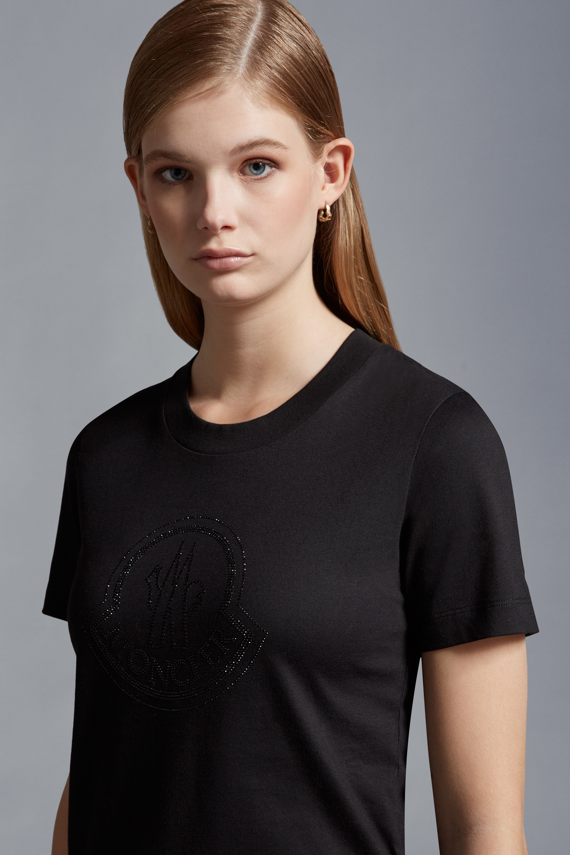 Moncler Crystal Logo Crew Neck T-shirt In Black