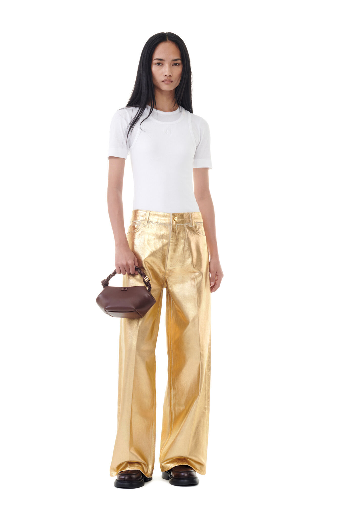 Ganni Metallic-effect Cotton Jeans In Nude