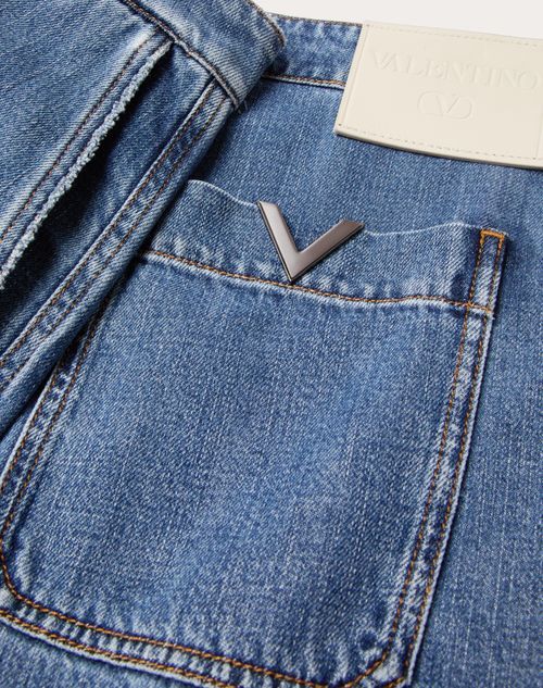 Valentino Denim Bermuda Shorts With Metallic V Detail In Blue