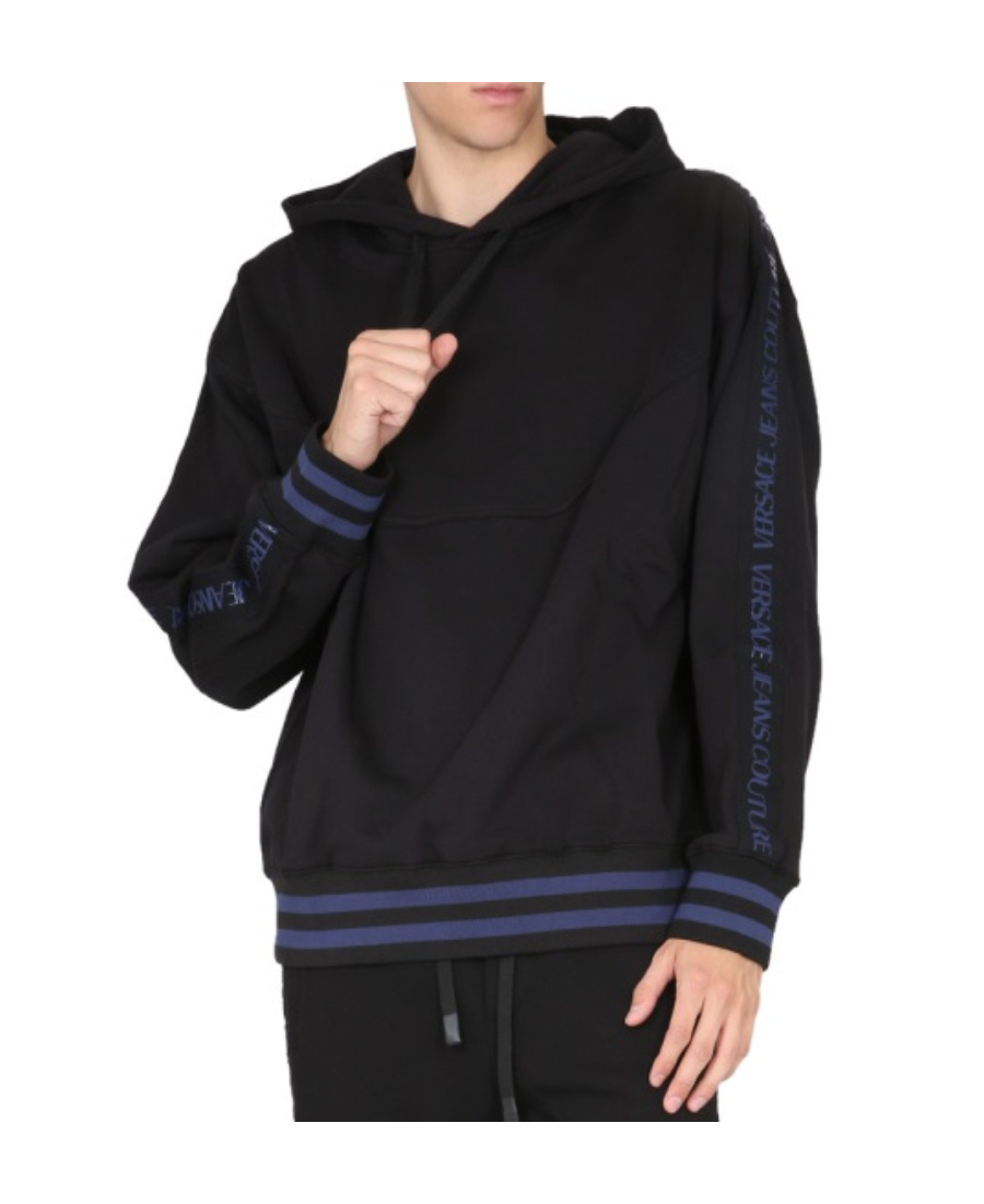 Versace Jeans Logo-print Striped-trim Hoodie In Black