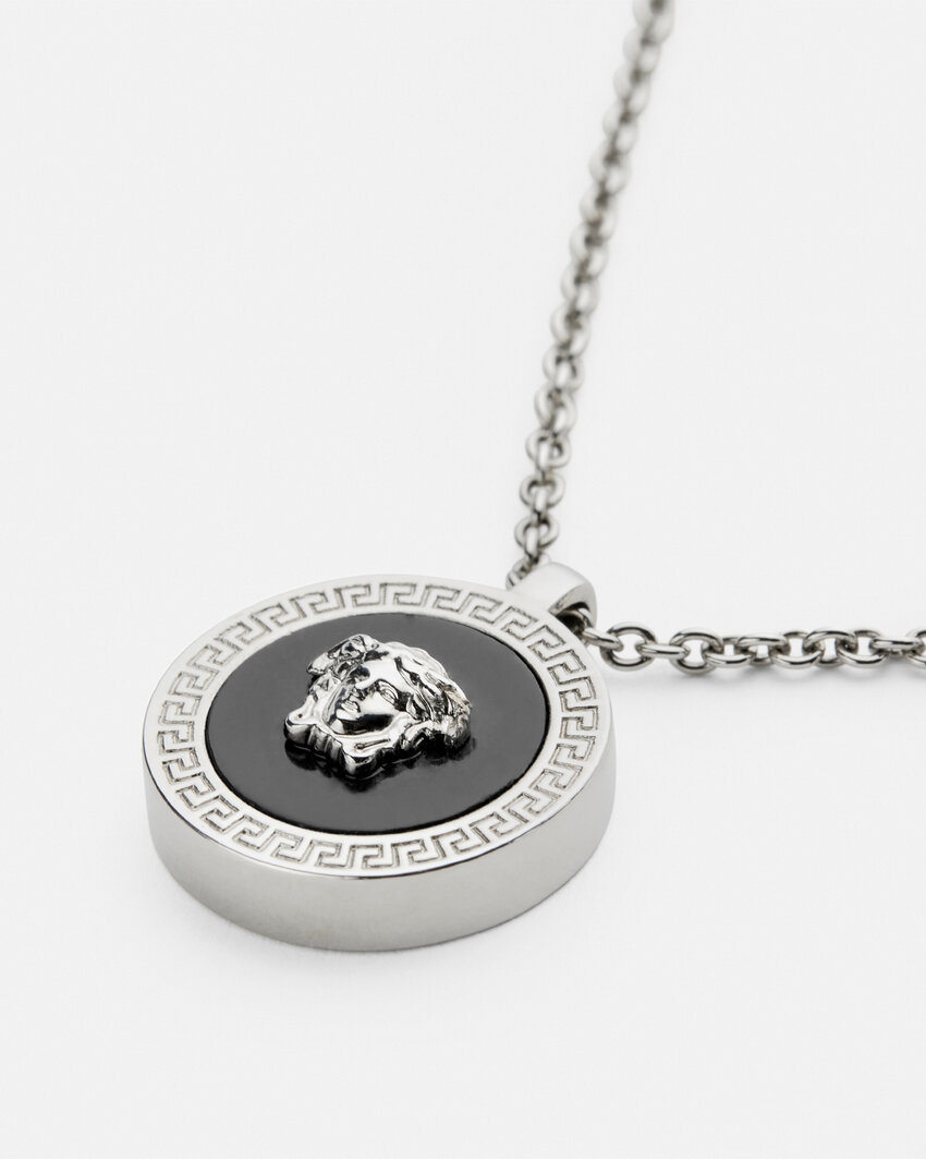 Versace Silver Enamel Medusa Necklace In Gray