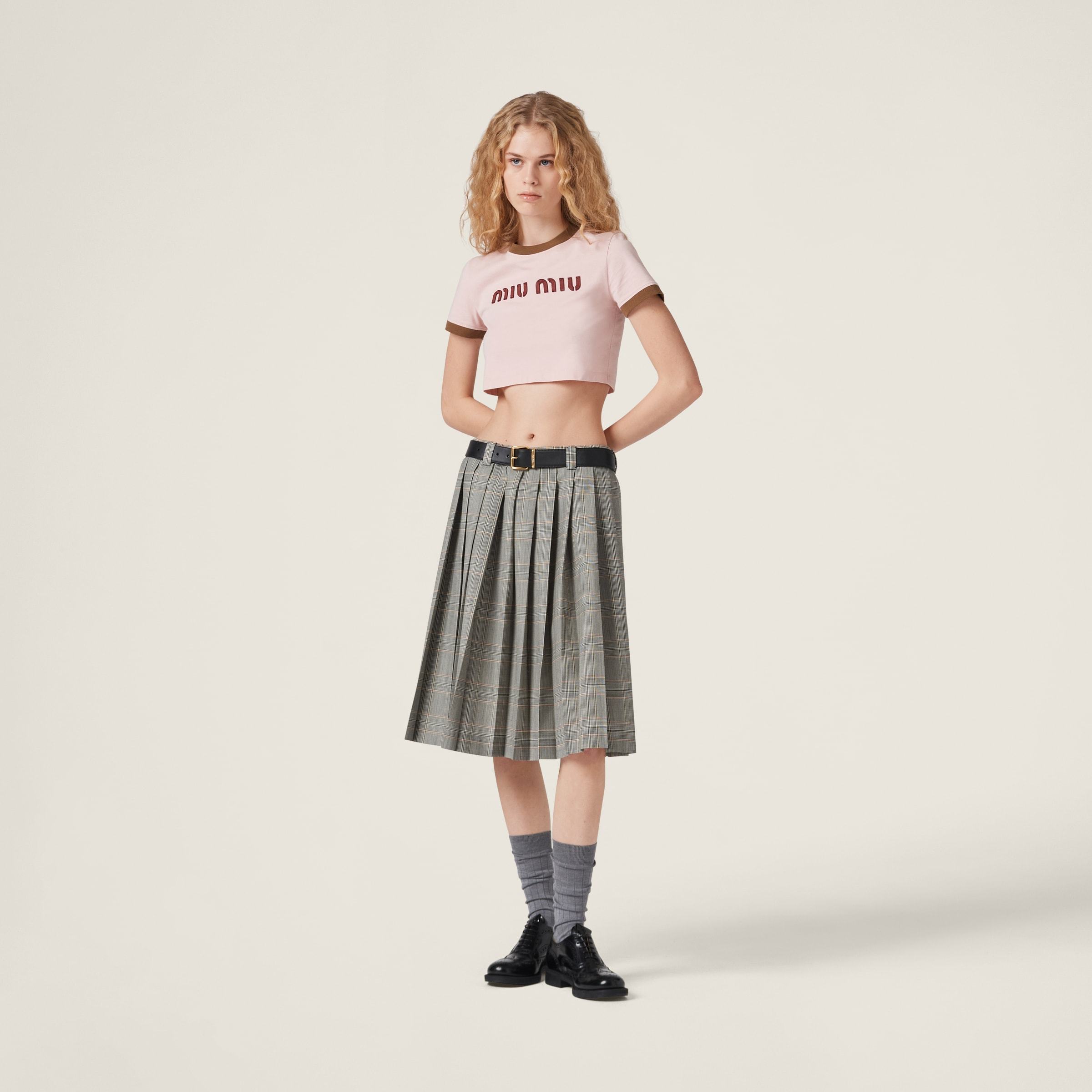 Miu Miu Prince Of Wales Check Pleated Skirt In Gray