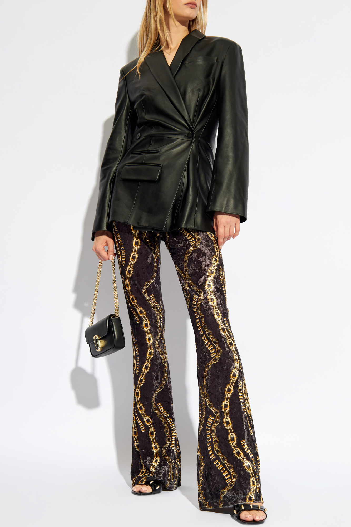 Versace Jeans Chain-print Flared Leggings In Black