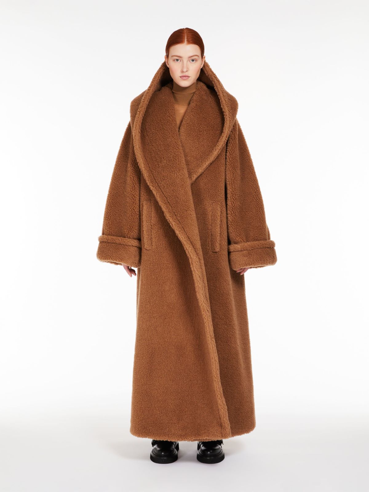 Shop Max Mara Apogeo Fleece Hooded Midi Coat In Brown
