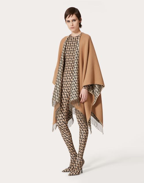 Valentino Asymmetrical Wool Poncho With Fringed Edge In Brown