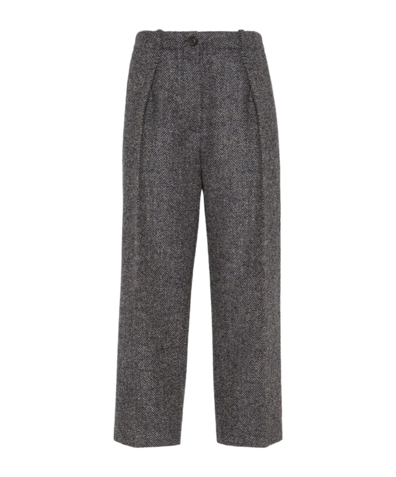 Brunello Cucinelli Herringbone Tweed Pleated Trousers In Gray