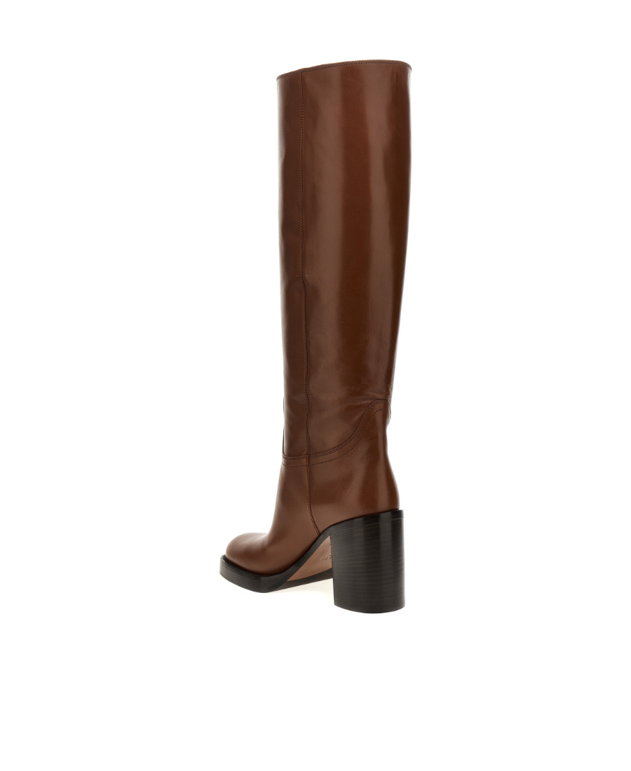 Prada Leather Knee-length Boots Block Heel In Brown