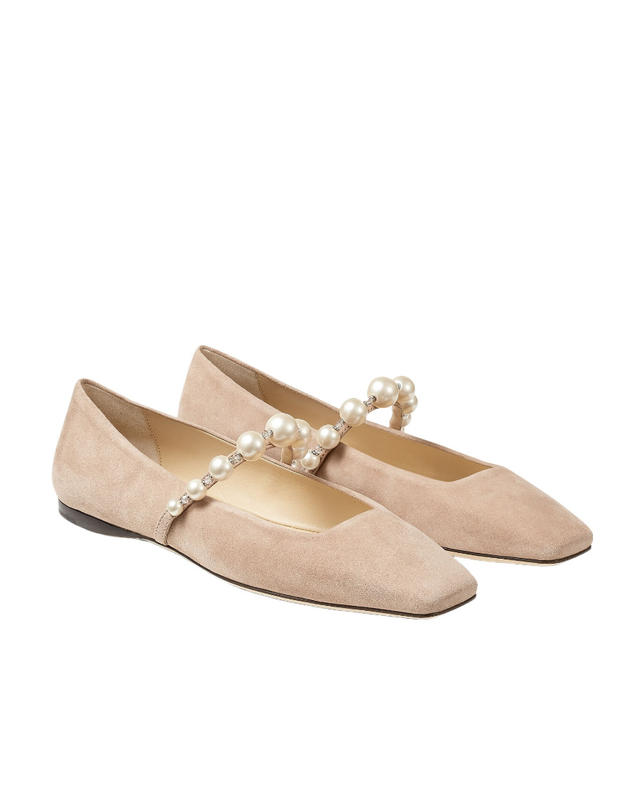 Jimmy Choo Suede Leather Ballerina Flats With Pearl In Nude