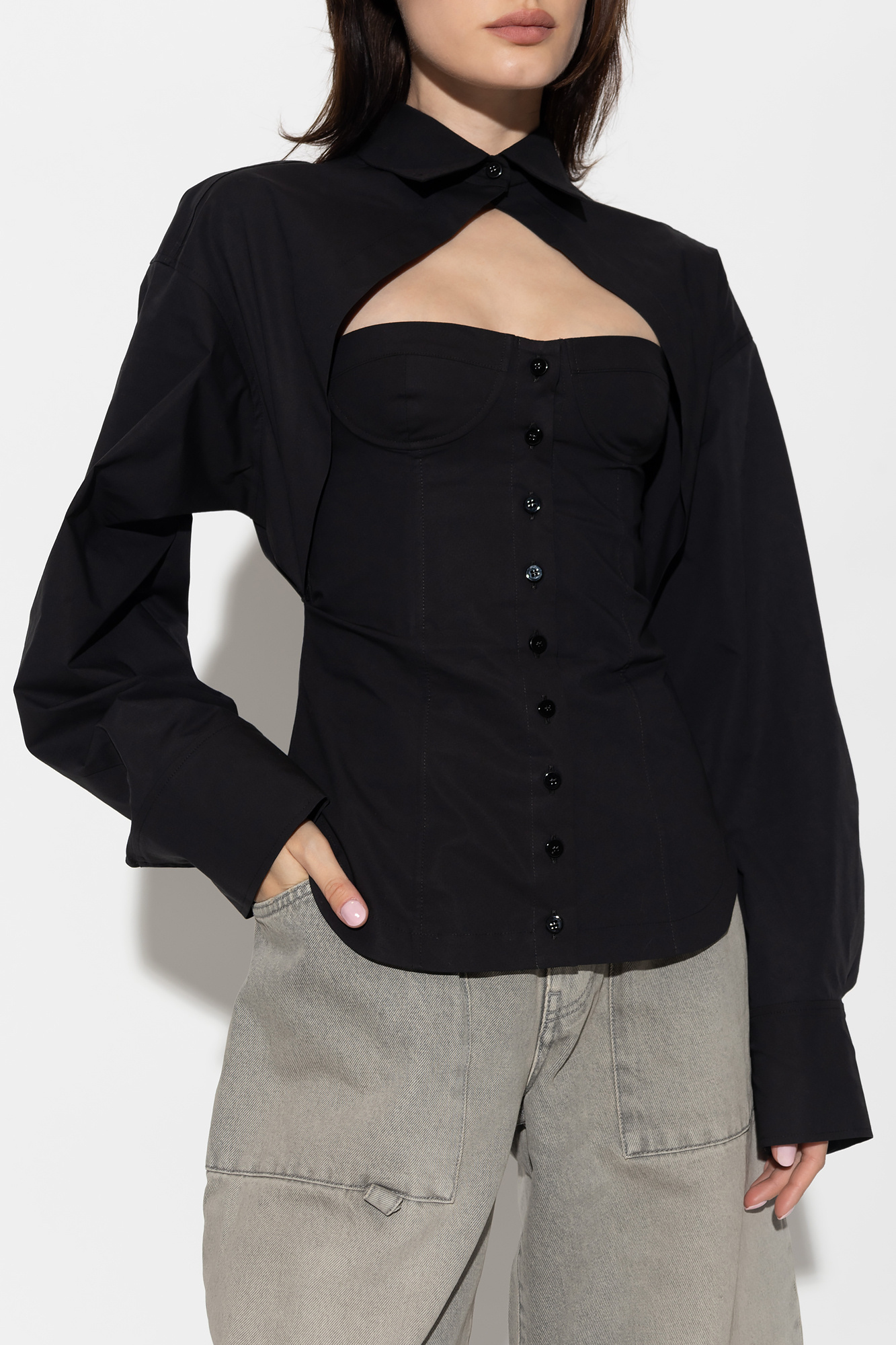Attico The  Cut-out Corset-style Long Sleeved Shirt In Black