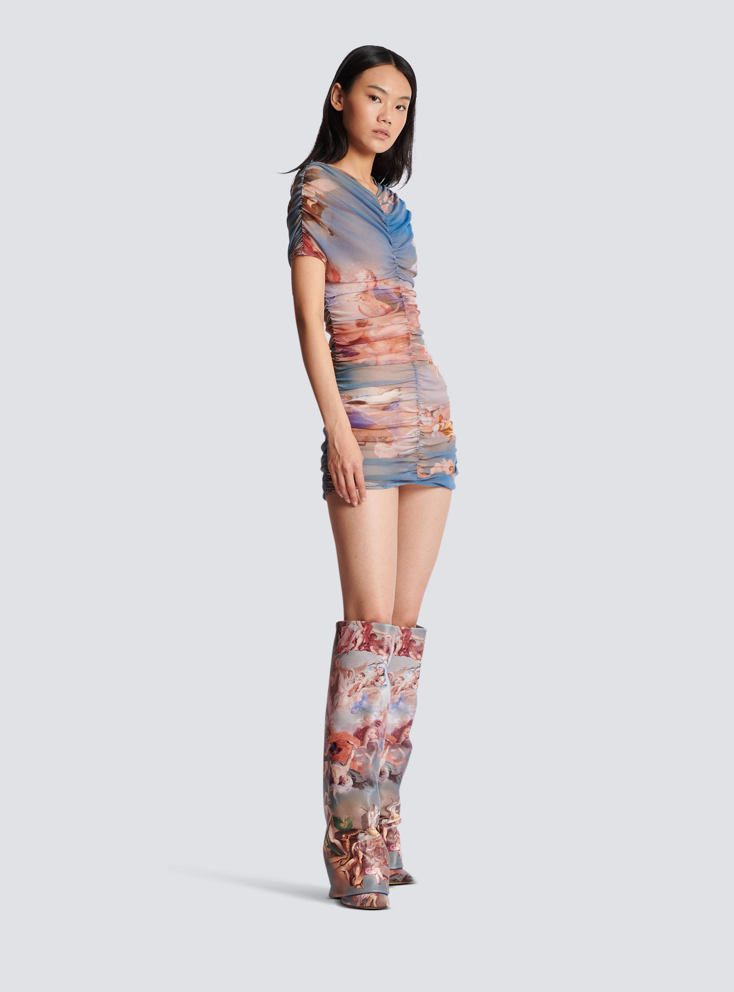 Balmain Sky-print Ruched Tulle Mini Dress In Multicolor