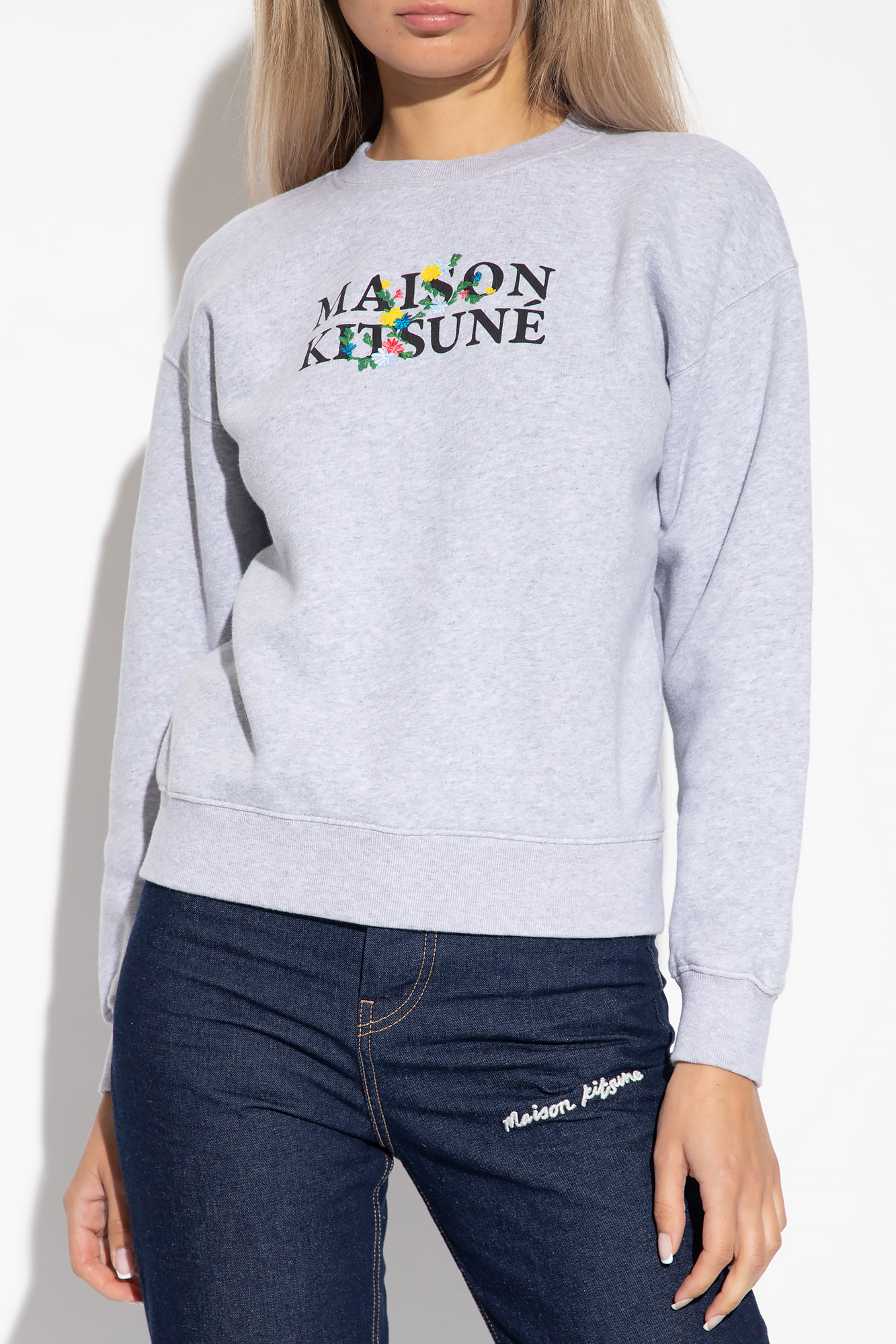 Shop Maison Kitsuné Logo Printed Crewneck Sweatshirt In White
