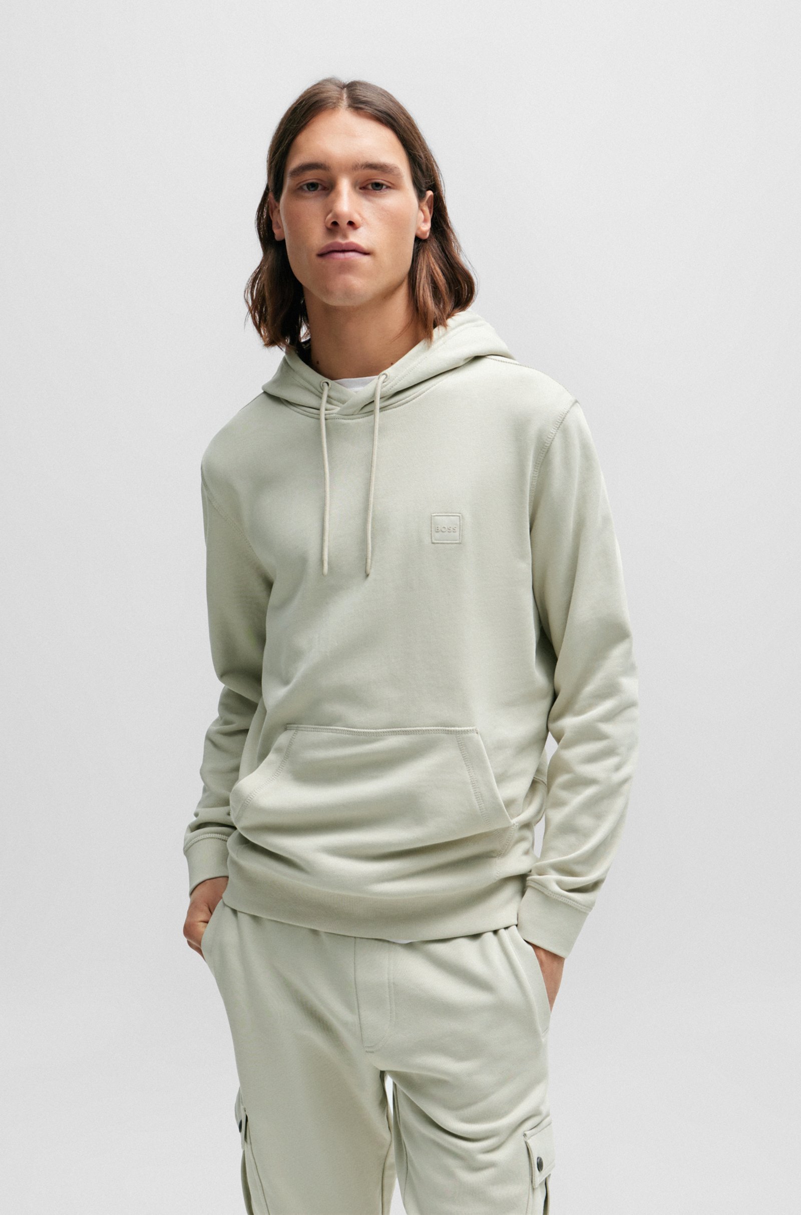 Hugo Boss Cotton-terry Hoodie With Logo Patch In Gray