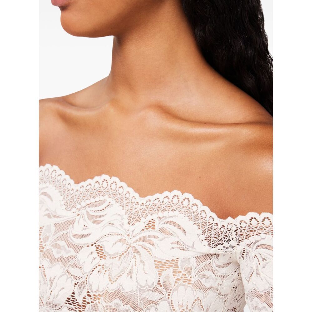 Rabanne Off-white Stretch Lace Short Sleeve Top In White