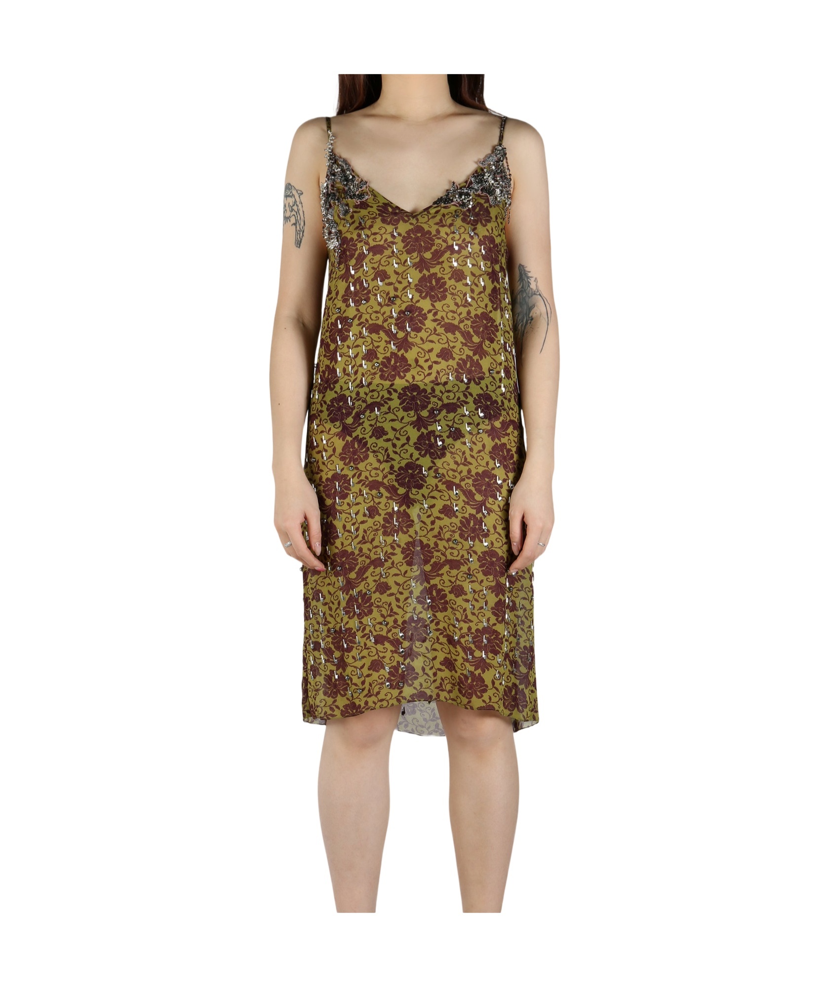 Dries Van Noten Green Beaded Midi Dress In Brown