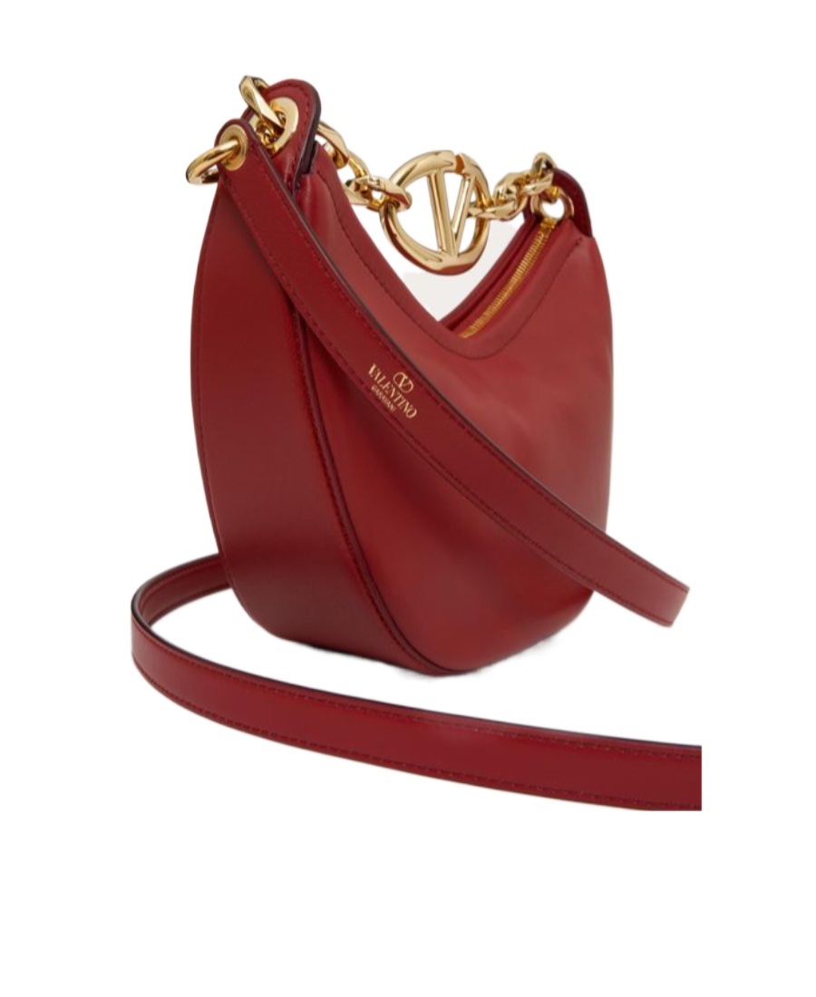 Shop Valentino Mini Vlogo Moon Hobo Bag In Nappa Leather With Chain In Red