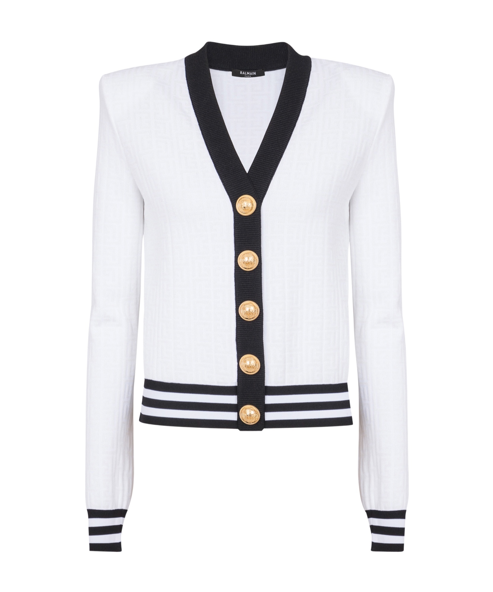 Balmain Two-tone Monogrammed Knit Cardigan In White