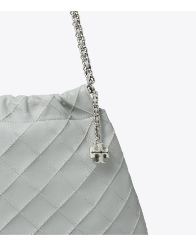 Tory Burch 'fleming' Grey Diamond Quilted Shoulder Bag With Chain-link Handles