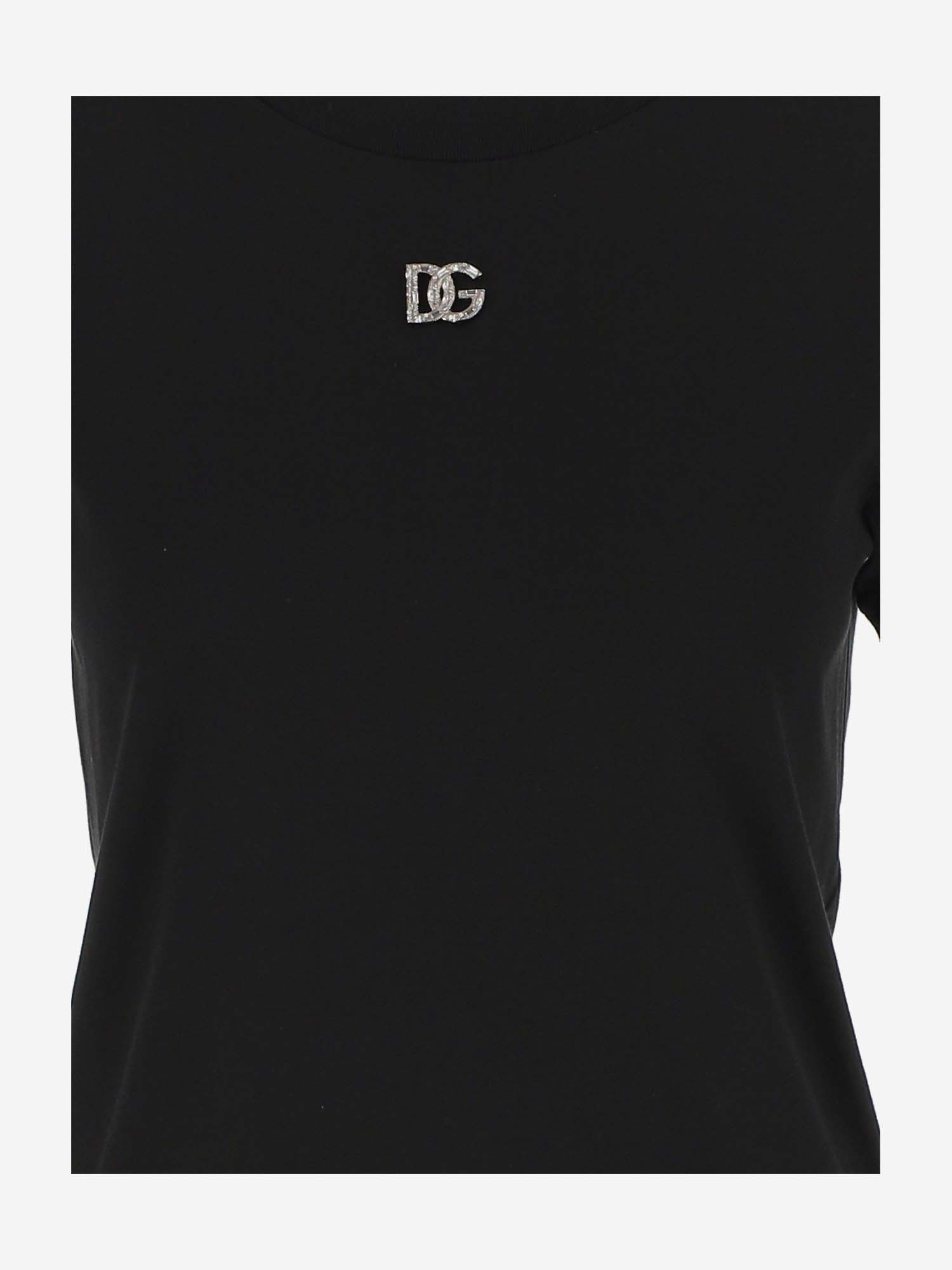 Dolce & Gabbana Black T-shirt With Logo Decorated With Crystals On The Front In Cotton Woman In Black