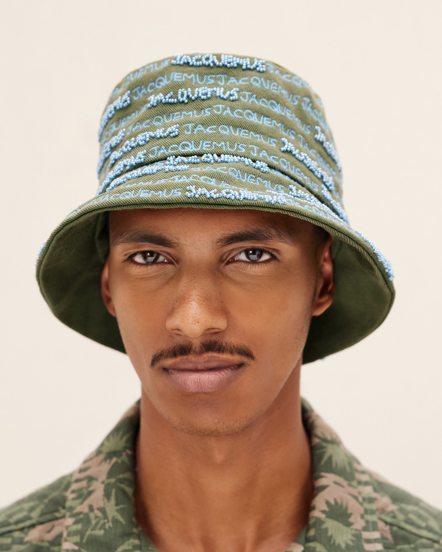 Jacquemus Khaki & Blue Le Raphia 'le Bob Bordado' Bucket Hat In Green