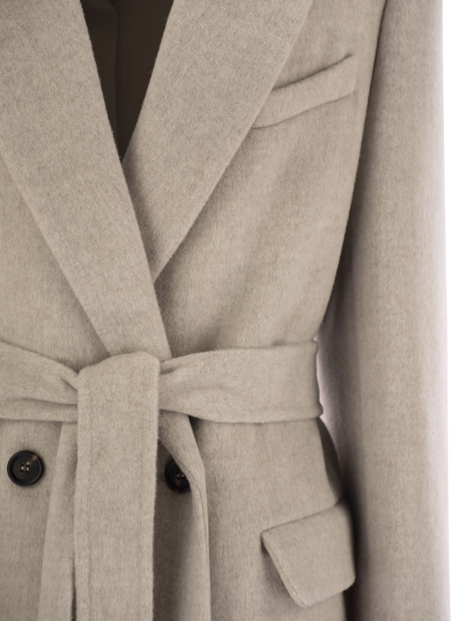 Brunello Cucinelli Women Double-breasted Coat In Virgin Wool And Cashmere Cloth With Jewellery In Gray