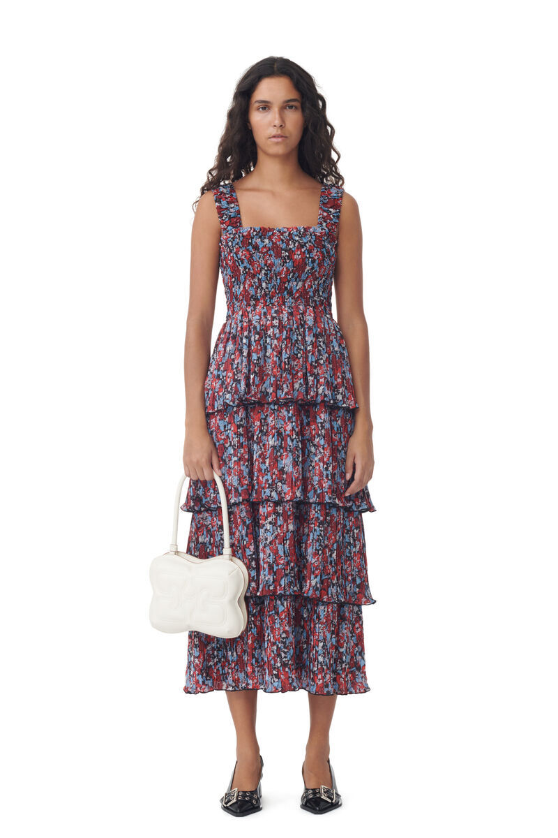Ganni Red Pleated Georgette Flounce Smock Midi Dress In Red