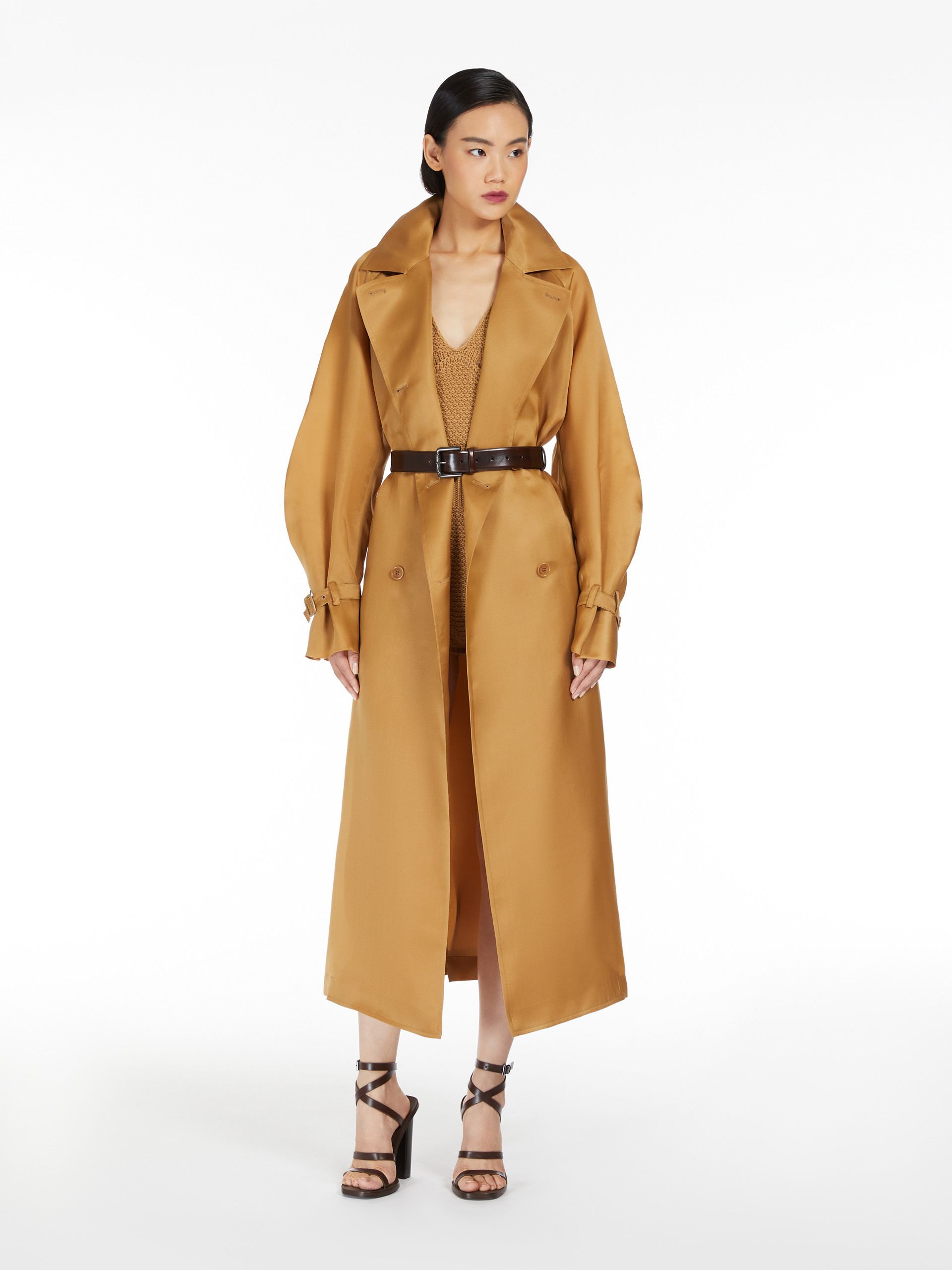 Max Mara Long Double Breasted Coat With Belted Cuffs In Nude