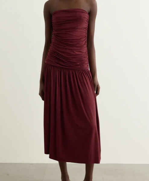 Gimaguas Fortuna Strapless Gathered Midi Dress In Brown