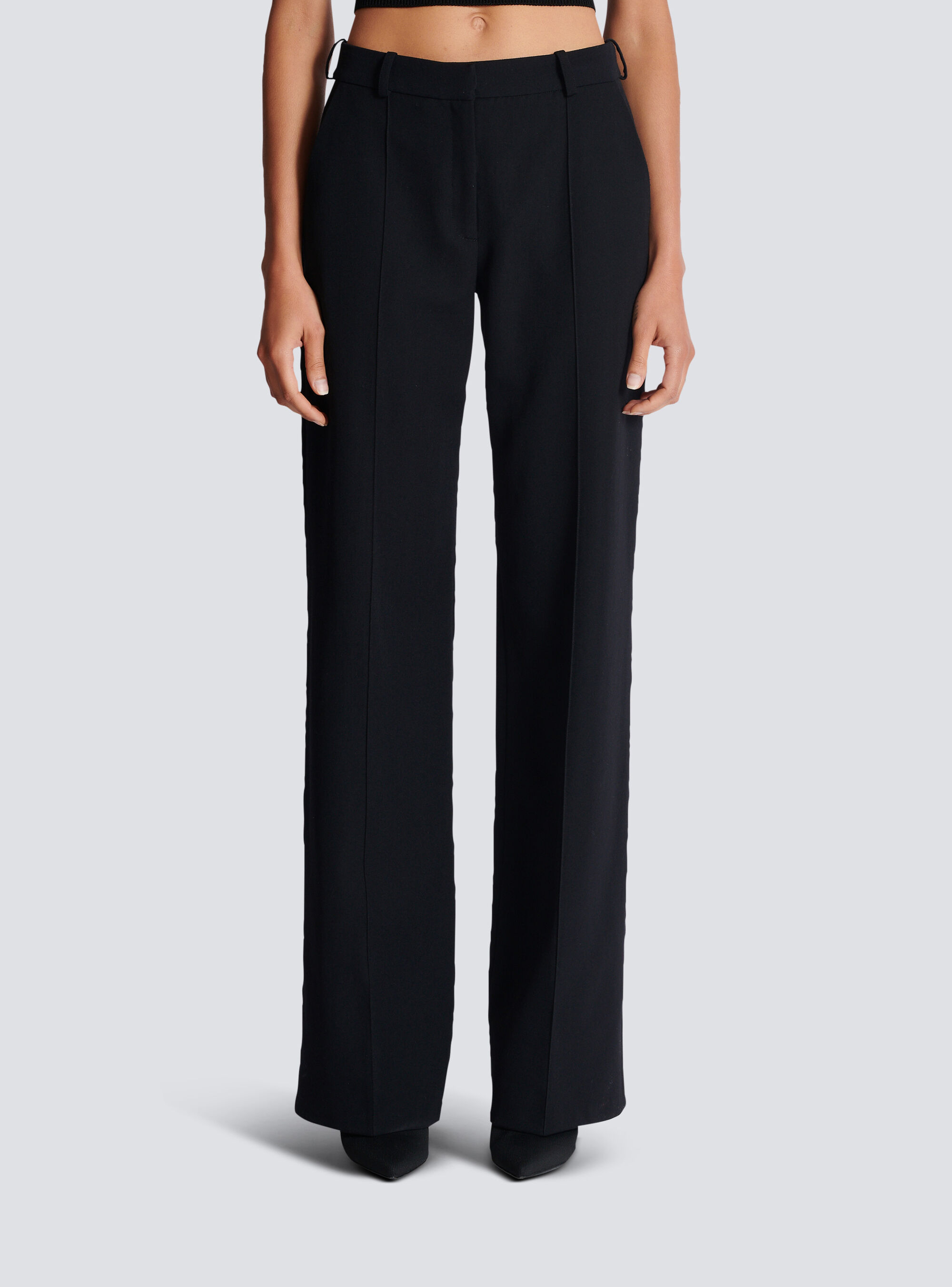 Balmain Wool Trousers With Front Pleats And Wide Leg In Black