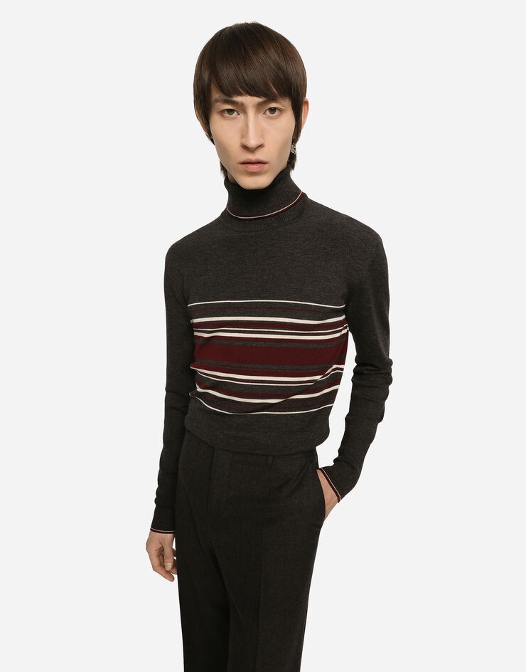 Dolce & Gabbana Turtleneck Virgin Wool Sweater With Unbalanced Stripe Motif In Black