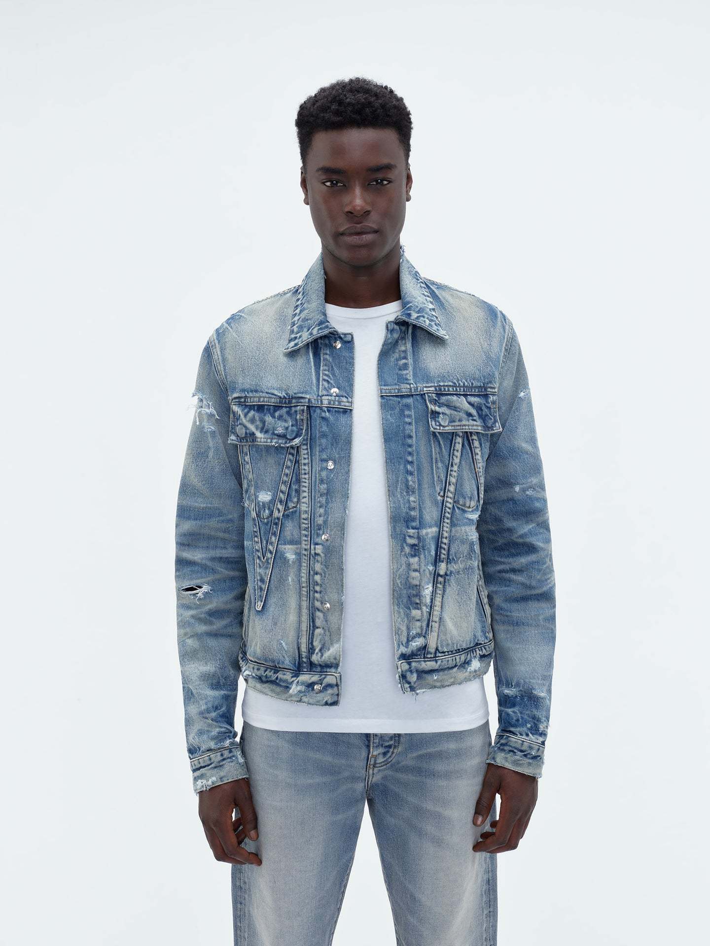Amiri Ma Distressed Denim Trucker Jacket In Blue