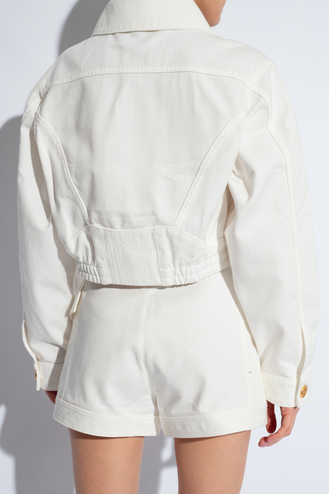 Balmain Cotton Denim Buttoned Crop Jacket In White