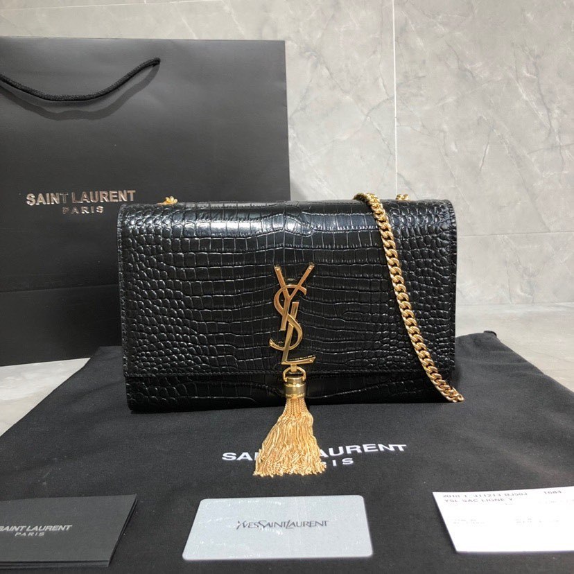 Saint Laurent Kate Crocodile-effect Shoulder Bag In Black