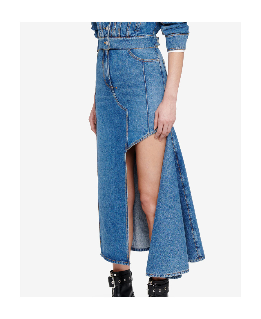Alexander Mcqueen Denim Midi Skirt With Asymmetric High Slit In Blue